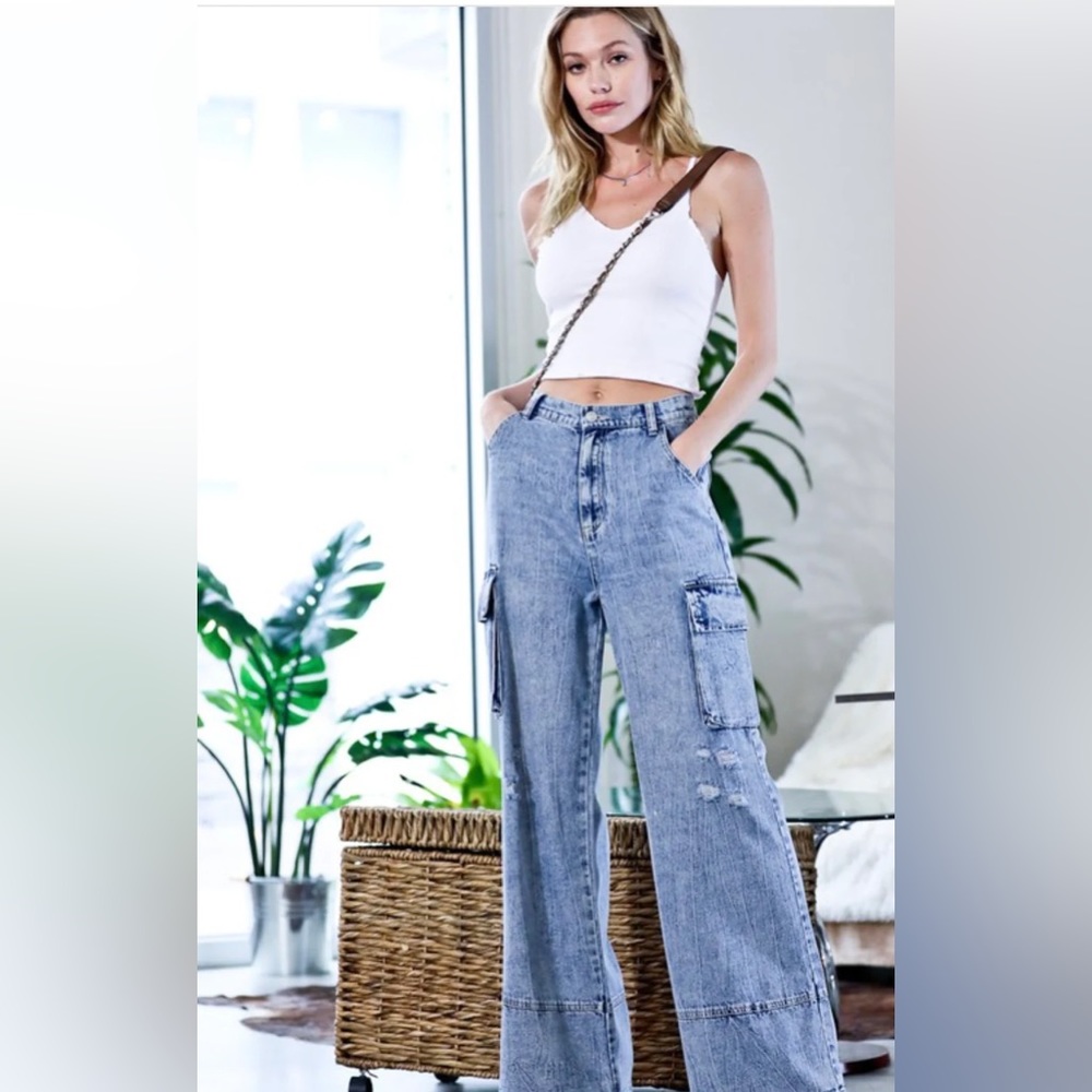 MAZIK DISTRESSED WASHED OUT CARGO DENIM FLARES 💖🌸